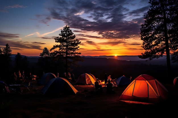 Kampeerders van zonsondergangpracht genieten van kampeerfoto in de schemering