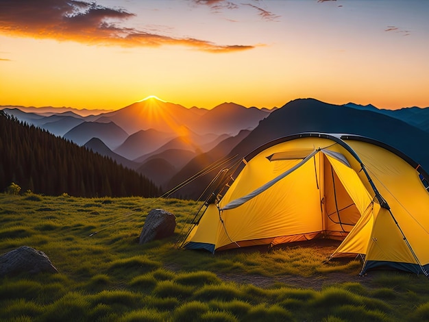 Kampeertent hoog in de bergen bij zonsondergang ai generatief