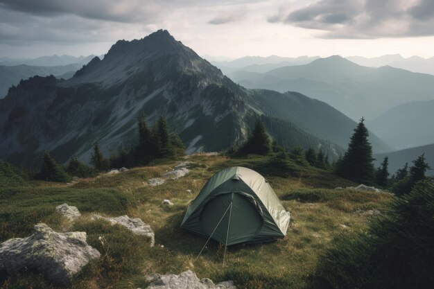 Kampeertent met prachtig uitzicht op berglandschap bij zonsondergang generatieve ai