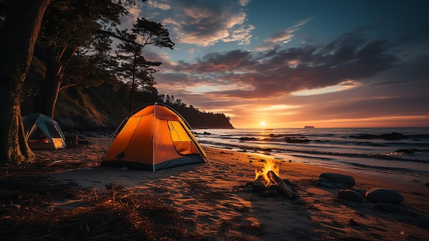 Kampeertent op het strand bij zonsondergang