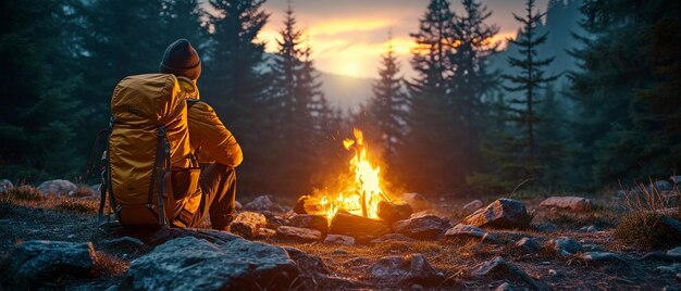 Kamperen in de hooglanden 's nachts onder de sterren Manlijke avonturier ontspant bij een vreugdevuur en zijn tent knutselt tussen het bos
