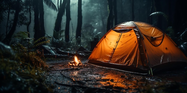 Kamperen in het bos's nachts met een oranje tent op de grond.