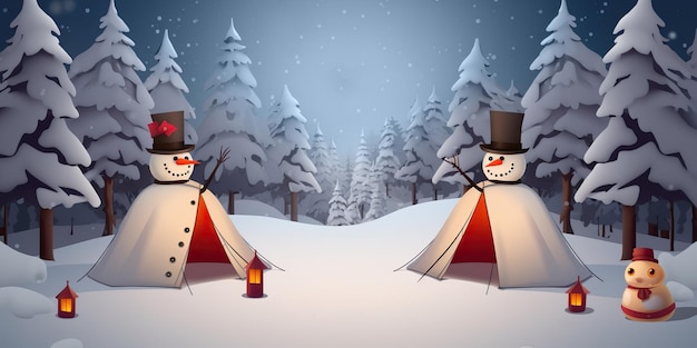 Kamperen in Winterbos Sneeuwman Sneeuwkamperen Kerstbannerachtergrond Generatieve AI
