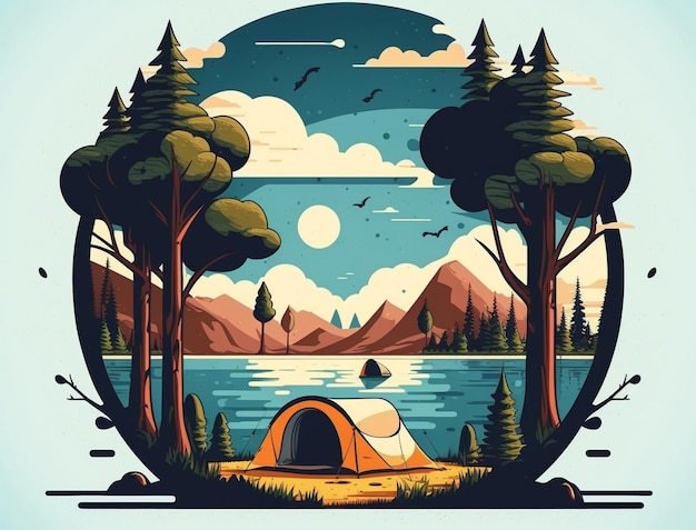 Foto kamperen met bomen meer en kamperen onder een tent blauwe lucht met wolken minimalistische vector