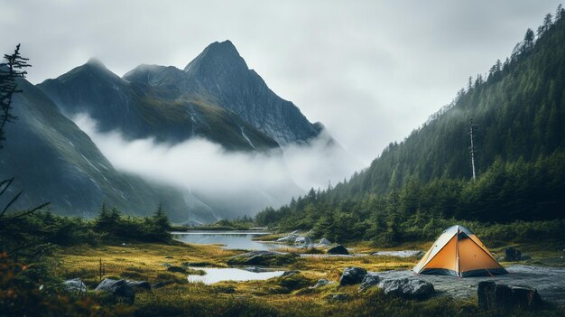 Foto kamperen tent en bergen in de fogadventure achtergrond mooi kamperen mist bos