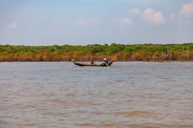 Kampong Phluk village during drought season. Life and work of residents of Cambodian water village