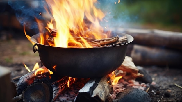Kampvuur en pot Vintage vuurkampeerkoken in ketel op brandhout en vlam buiten warme maaltijdkok