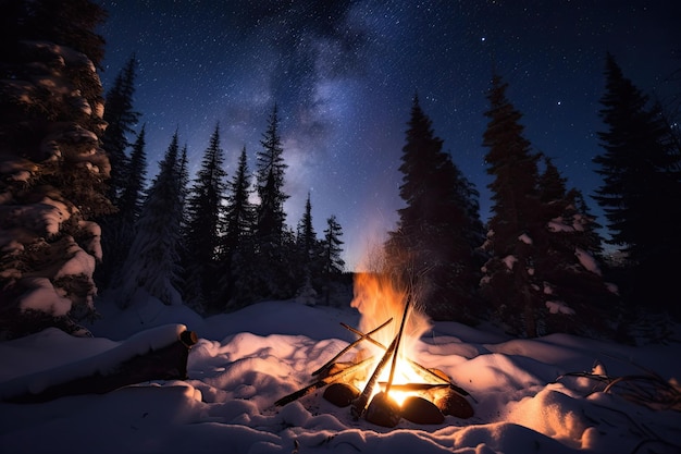 Kampvuur knettert in het besneeuwde bos met uitzicht op de nachtelijke hemel erboven zichtbaar