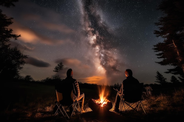 Kampvuur knettert terwijl twee mensen op campingstoelen naar de sterren kijken