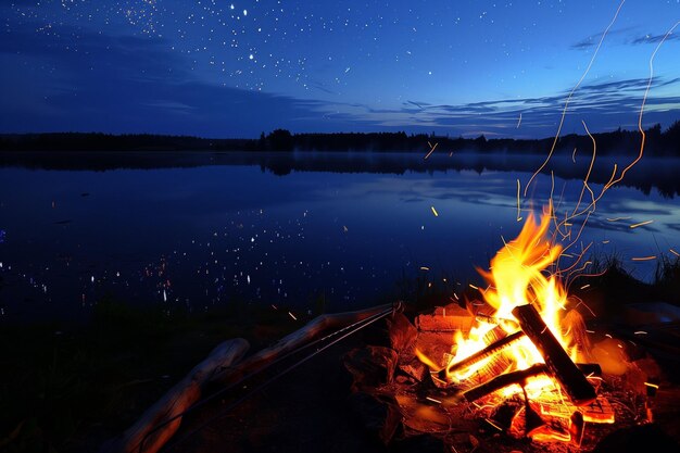 Kampvuur koken met meteoren die op het meer reflecteren
