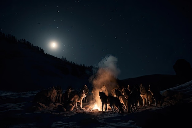 Kampvuur omringd door een roedel wolven die naar de maan huilen