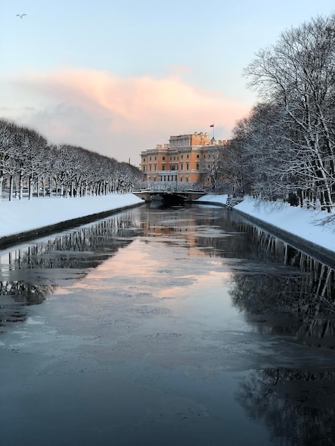 Kanaal te midden van kale bomen in de winter