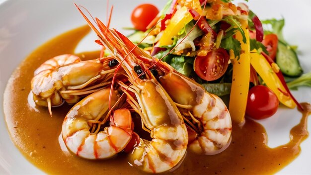 Kanape prawns in sauce with mixed salad side view