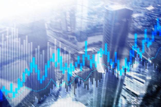 Kandelaargrafiek en diagrammen voor aandelenhandel op de wazige achtergrond van het kantoorcentrum
