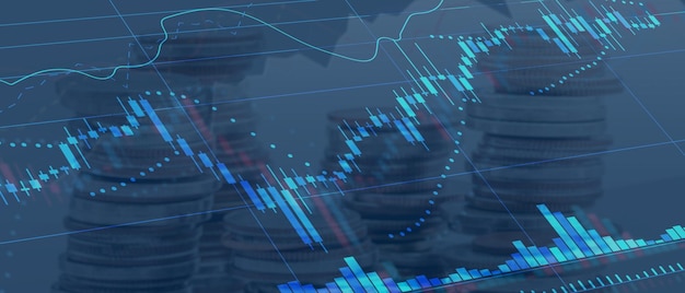 Foto kandelaars met beursgegevens zijn indicatoren van de stijgende aandelen op de achtergrond van het communicatieconcept van hightech-technologiefinancieringstechnologie