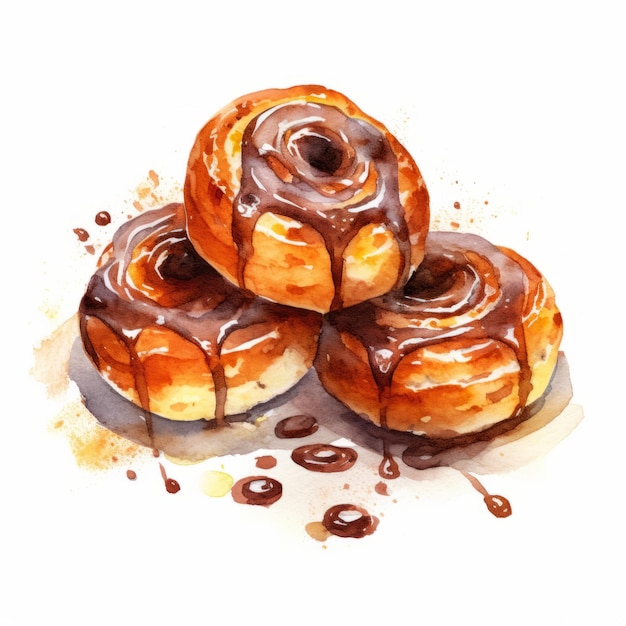 Kaneelbroodjes in aquarelstijl met chocoladeglazuur