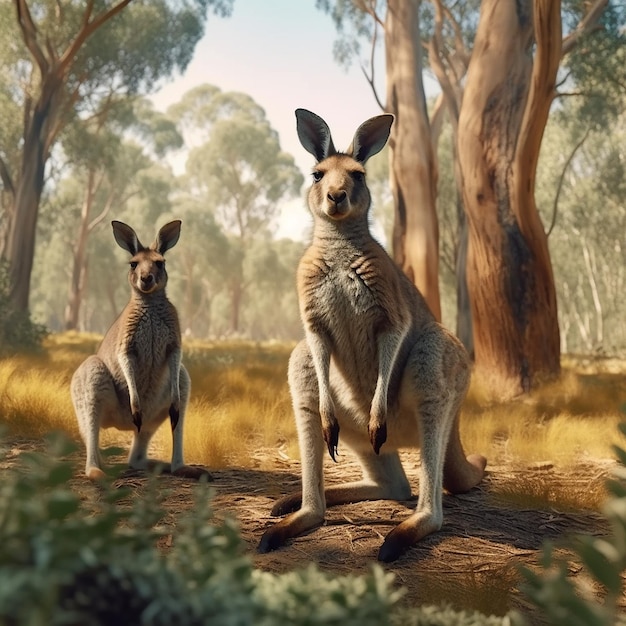 Kangaroo animals standing pair bush looking pictures Generative AI