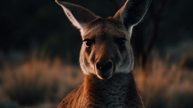 暗い背景を持つ暗い森の中のカンガルー