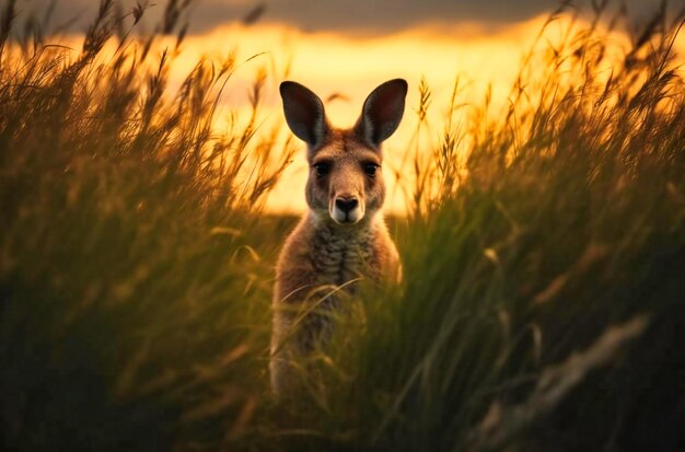 The kangaroo in the grass is staring up at the camera