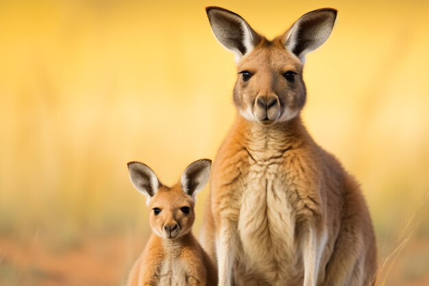 Photo a kangaroo and her baby standing in the grass