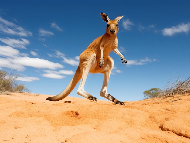 Foto un canguro che salta attraverso l'entroterra australiano