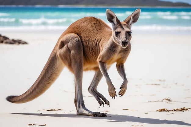 A kangaroo hopping along on the beach at Lucky Bay in the Cape Le Grand National Park near Esperance Western Australia