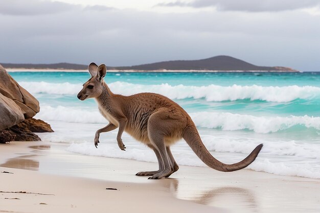 A kangaroo hopping along on the beach at Lucky Bay in the Cape Le Grand National Park near Esperance Western Australia