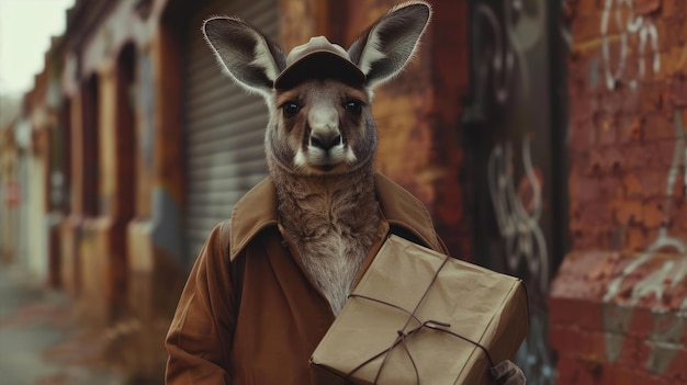 Photo kangaroo in a human suit works as a courier