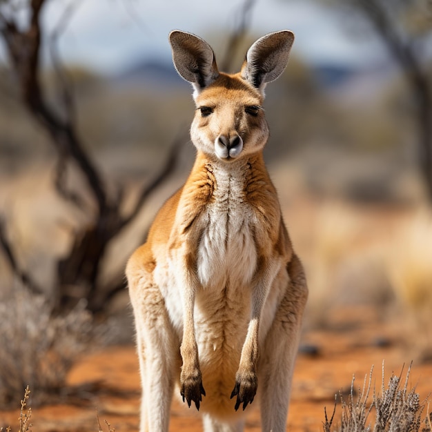 a kangaroo is standing in the desert with a tree in the background