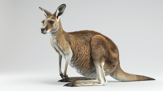 A kangaroo is standing on a white background The kangaroo is looking to the left of the frame It has brown fur and a long tail