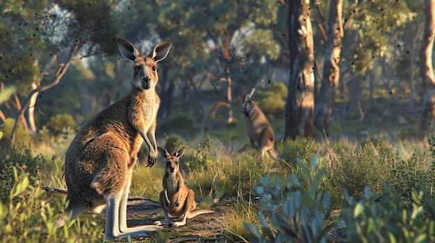 Photo a kangaroo and its joey are standing in a field of green grass the kangaroo is looking at the joey with a loving expression
