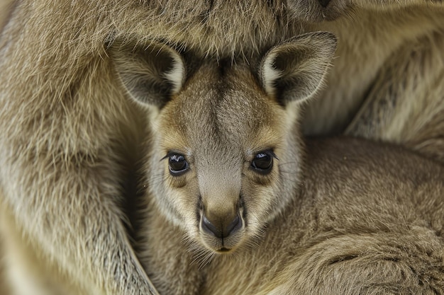 Kangaroo-joey in de zak van zijn moeder Ervaar de hartverwarmende aanblik van een kangoeroe-joey die zich comfortabel in de tas van zijn moeder bevindt