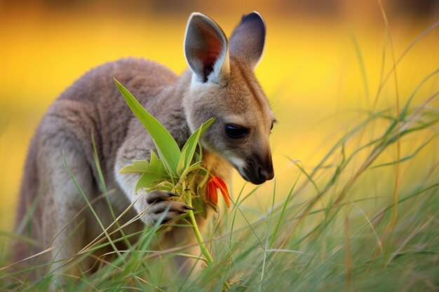 Kangaroo joey nibbling on grass while in pouch