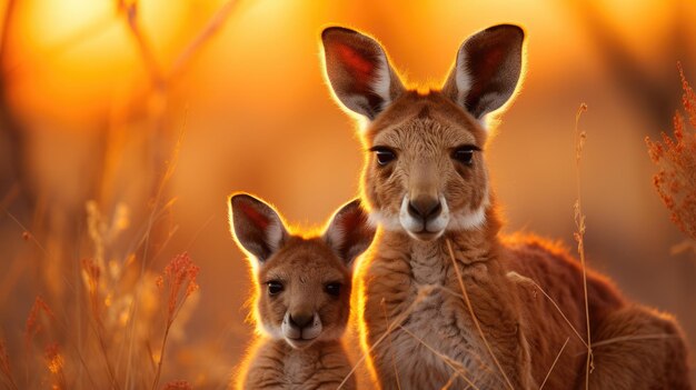 夕暮れ時のカンガルーとジョーイ