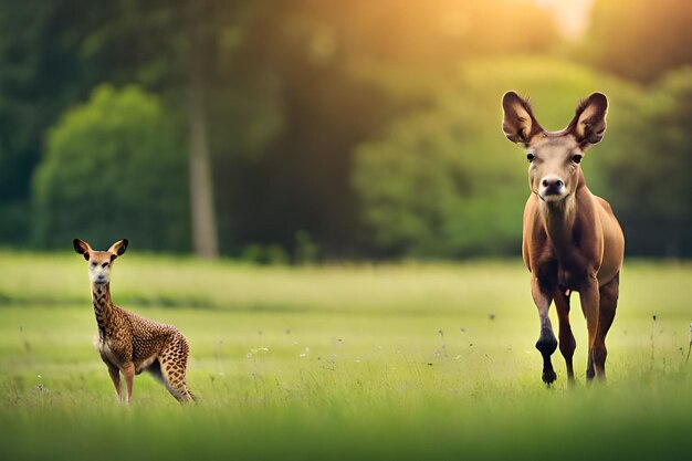 a kangaroo and a kangaroo in a field with the sun behind them