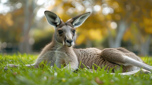 Photo a kangaroo laying in the grass with trees in the background