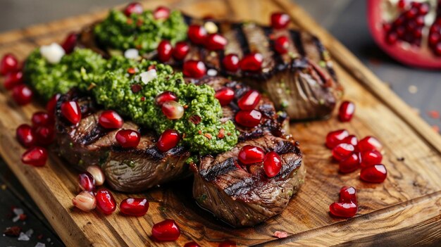 Photo kangaroo meat steak with green pesto and pomegranate