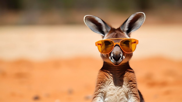 Kangaroo met zonnebril op een Australische outback rode zand achtergrond AI gegenereerd
