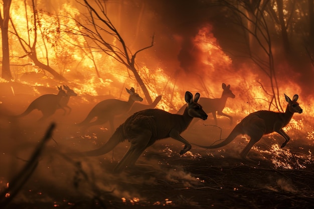 Kangaroo's die aan een bosbrand ontsnappen Concept van bosbrandgevaar