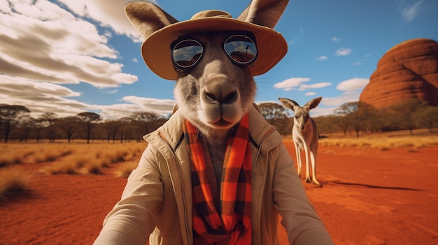 Photo kangaroo selfi animal wearing sunglasses hat and scarf generative ai