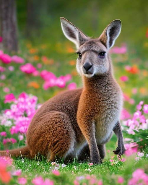 Photo a kangaroo sits in a field of flowers with a pink background.