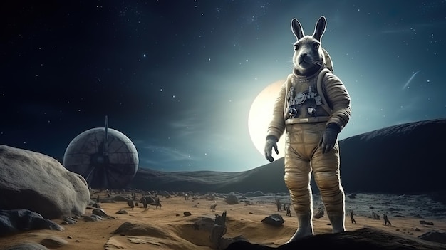 Kangaroo in a space suit standing on the surface moon