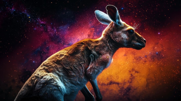 A kangaroo in space with a nebula background