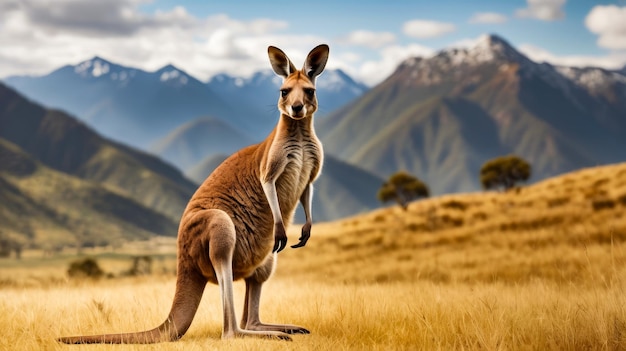 Kangaroo staat in het veld met bergen op de achtergrond