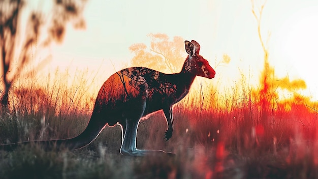 Foto canguro in straordinaria doppia esposizione bellezza dell'outback australiano