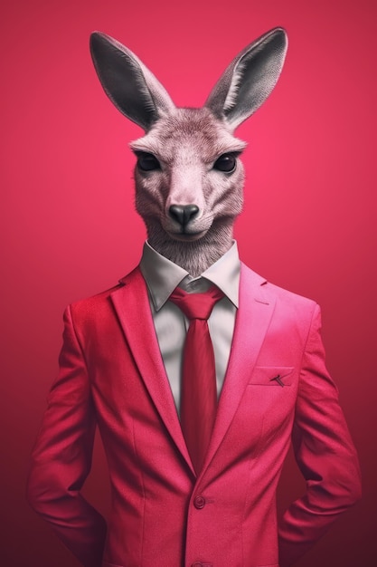 A kangaroo in a suit with a red background.