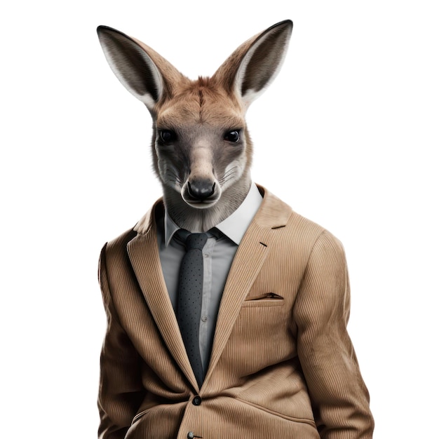 A kangaroo in a suit with a shirt and tie
