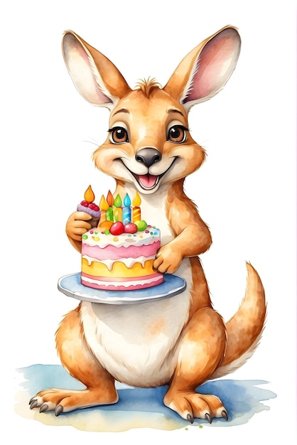 거루 생일 케이크와 함께 수채화 동물 귀여운 케이크를 가진 동물 생일 축하