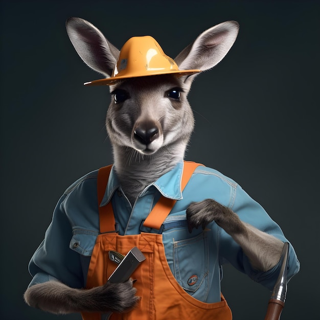 A kangaroo wearing an orange jumpsuit and an orange hat.