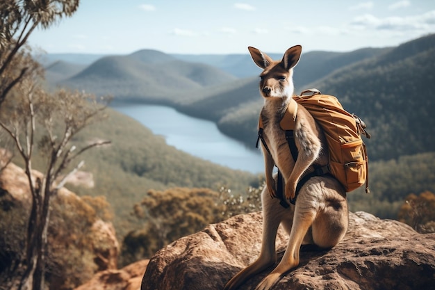 バックパックを持ったカンガルーが立つ 生成 AI